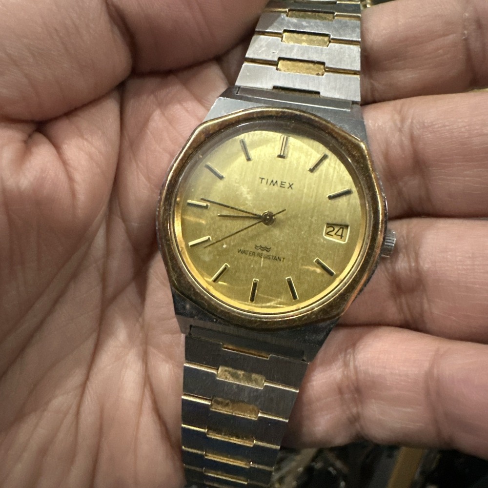 Works 1980s Timex Marlin Manual Wind Men's Watch Two Tone Date Rare 37mm 8" Runs